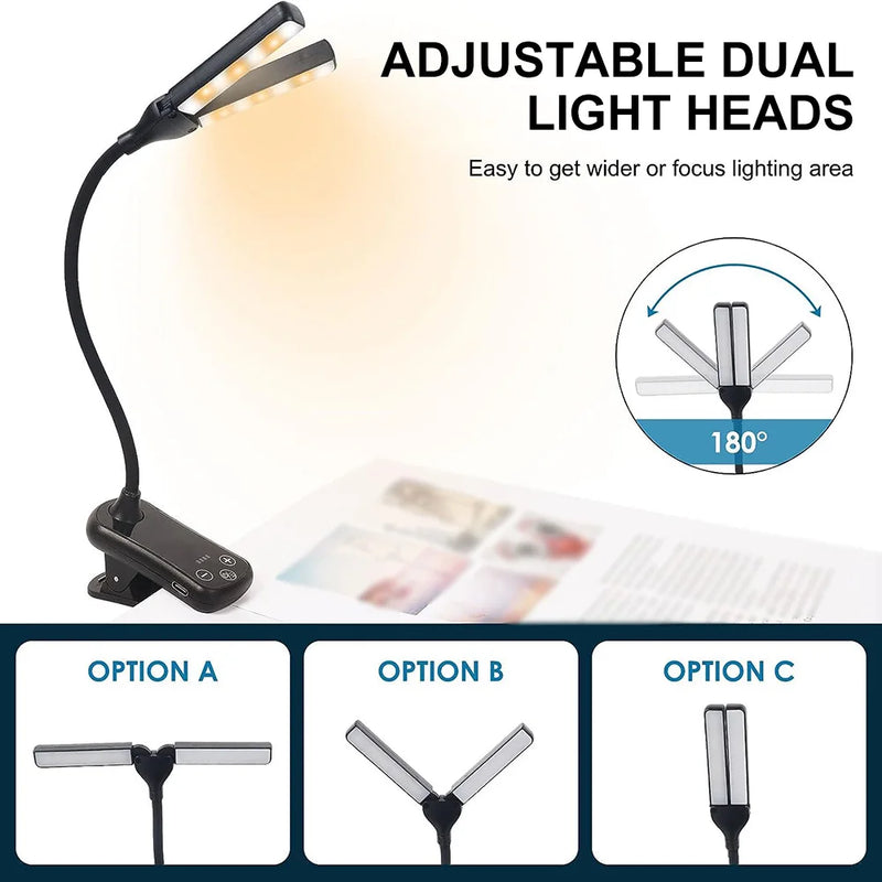 Dual Head Clip Desk Lamp 14LED Rechargeable